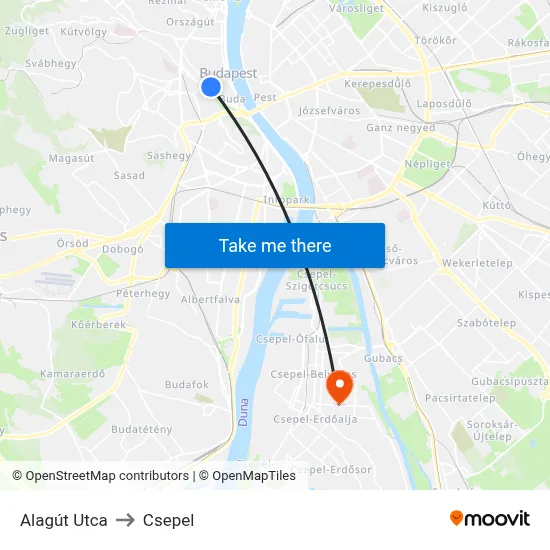 Alagút Utca to Csepel map