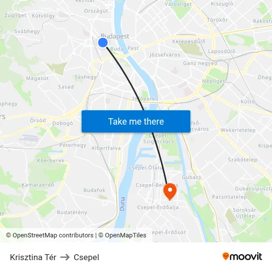 Krisztina Tér to Csepel map