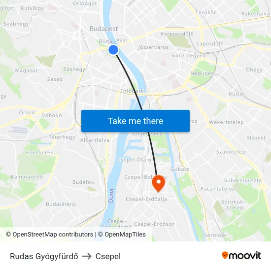 Rudas Gyógyfürdő to Csepel map