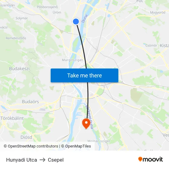 Hunyadi Utca to Csepel map