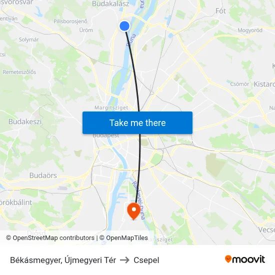 Békásmegyer, Újmegyeri Tér to Csepel map