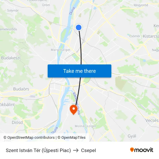 Szent István Tér (Újpesti Piac) to Csepel map