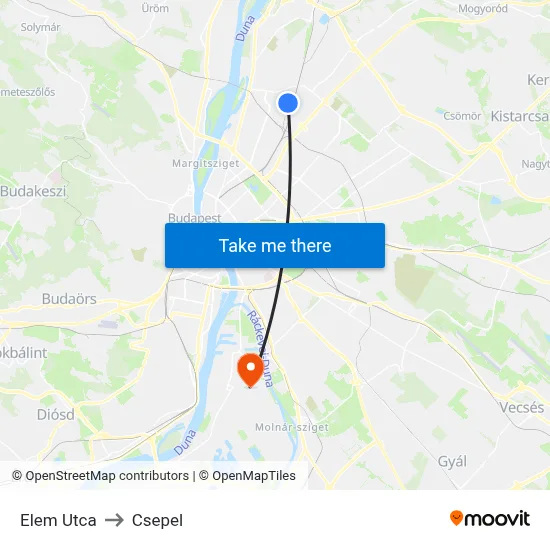 Elem Utca to Csepel map
