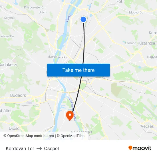 Kordován Tér to Csepel map
