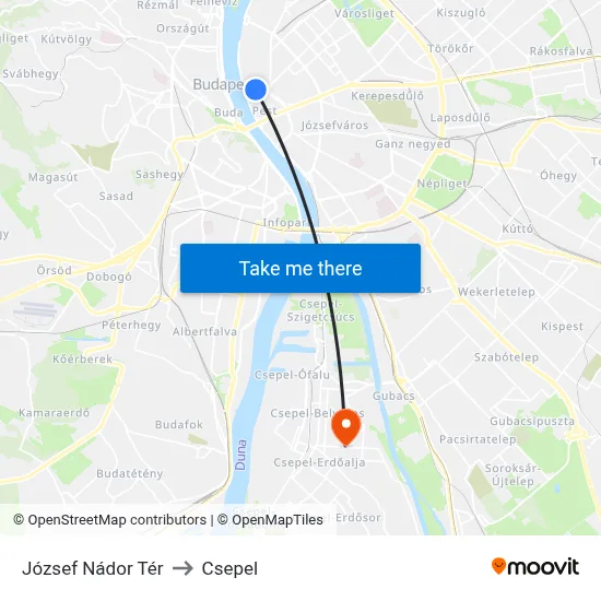 József Nádor Tér to Csepel map