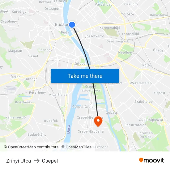Zrínyi Utca to Csepel map