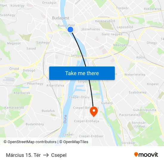 Március 15. Tér to Csepel map