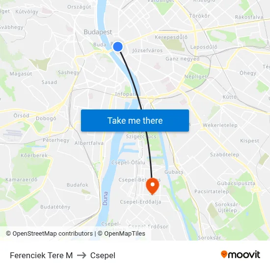 Ferenciek Tere M to Csepel map