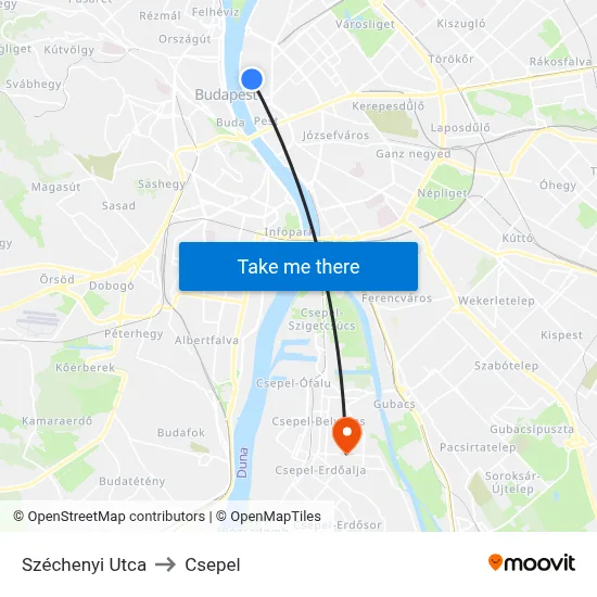 Széchenyi Utca to Csepel map