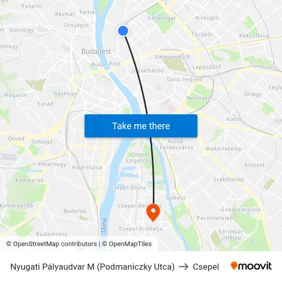 Nyugati Pályaudvar M (Podmaniczky Utca) to Csepel map