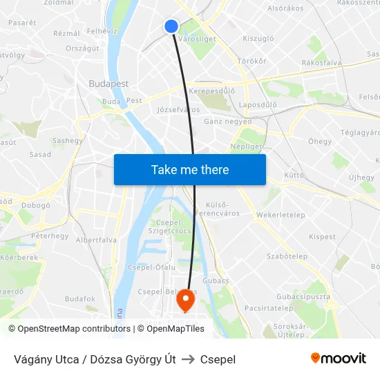 Vágány Utca / Dózsa György Út to Csepel map