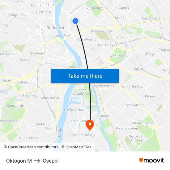 Oktogon M to Csepel map