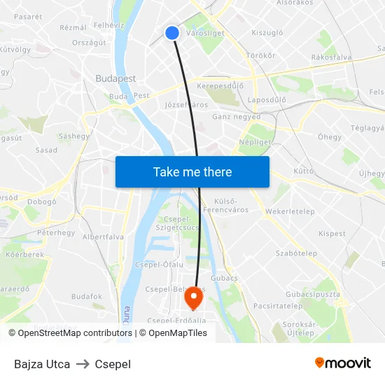 Bajza Utca to Csepel map