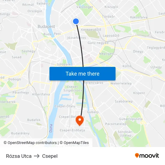 Rózsa Utca to Csepel map