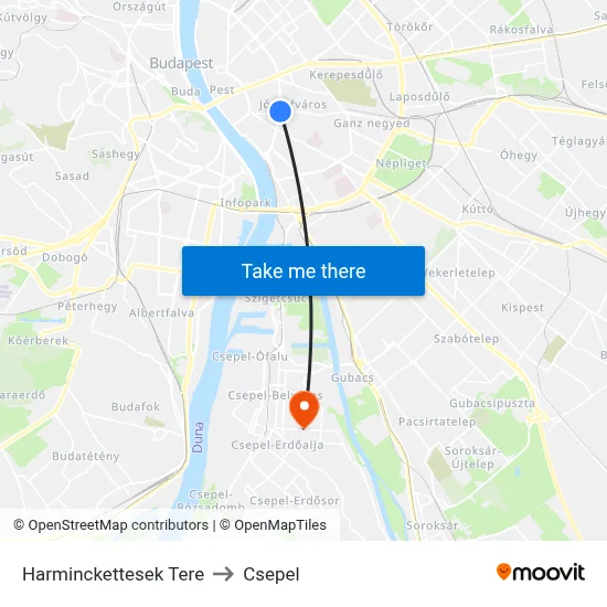 Harminckettesek Tere to Csepel map