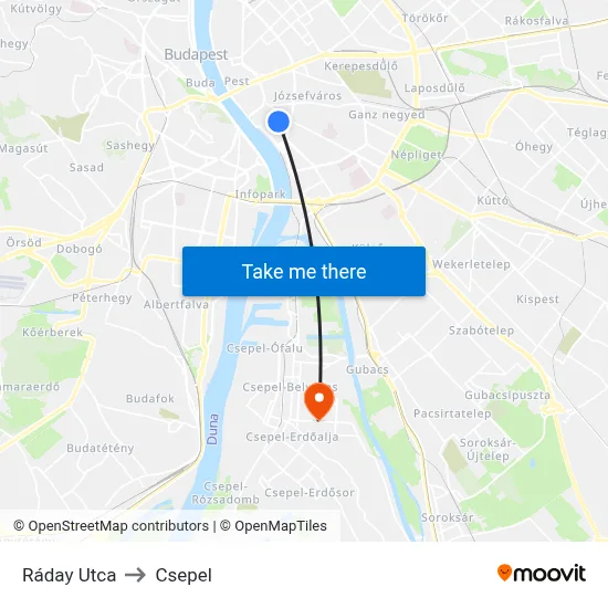 Ráday Utca to Csepel map