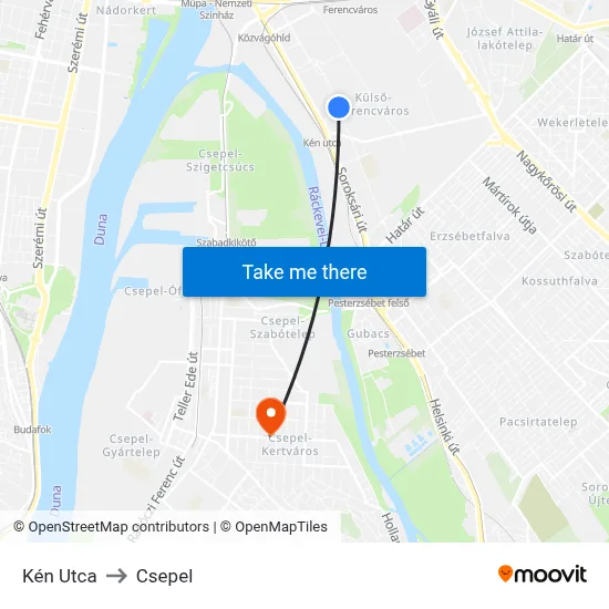 Kén Utca to Csepel map