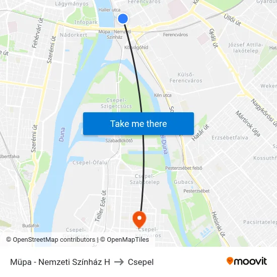 Müpa - Nemzeti Színház H to Csepel map