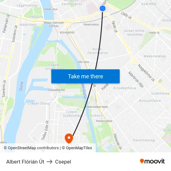 Albert Flórián Út to Csepel map
