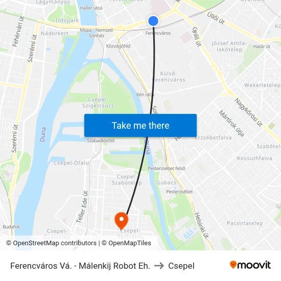 Ferencváros Vá. - Málenkij Robot Eh. to Csepel map