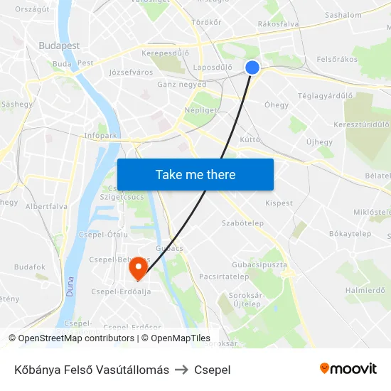 Kőbánya Felső Vasútállomás to Csepel map