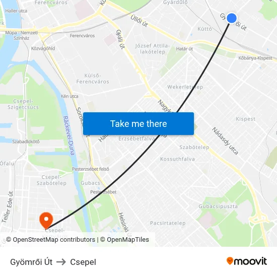 Gyömrői Út to Csepel map