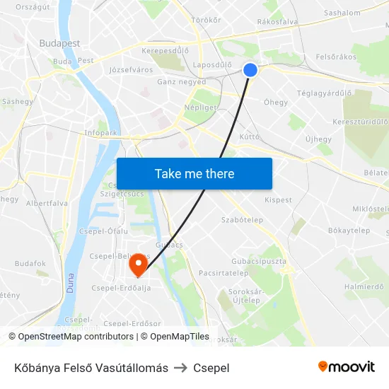 Kőbánya Felső Vasútállomás to Csepel map
