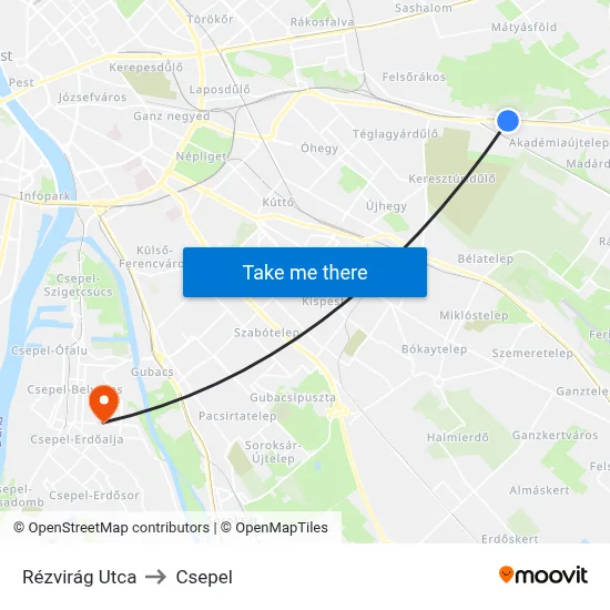 Rézvirág Utca to Csepel map