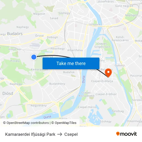 Kamaraerdei Ifjúsági Park to Csepel map
