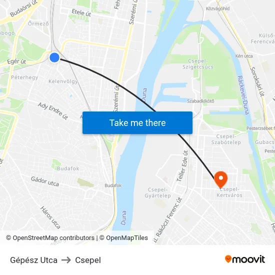 Gépész Utca to Csepel map