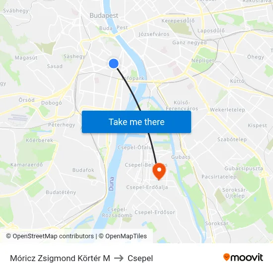 Móricz Zsigmond Körtér M to Csepel map
