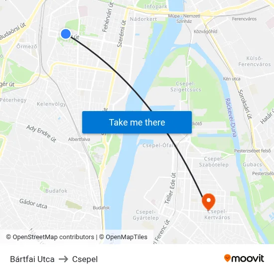 Bártfai Utca to Csepel map