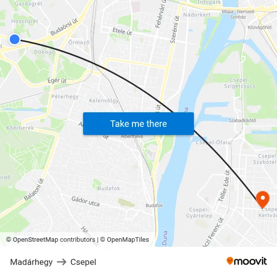 Madárhegy to Csepel map