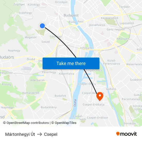 Mártonhegyi Út to Csepel map