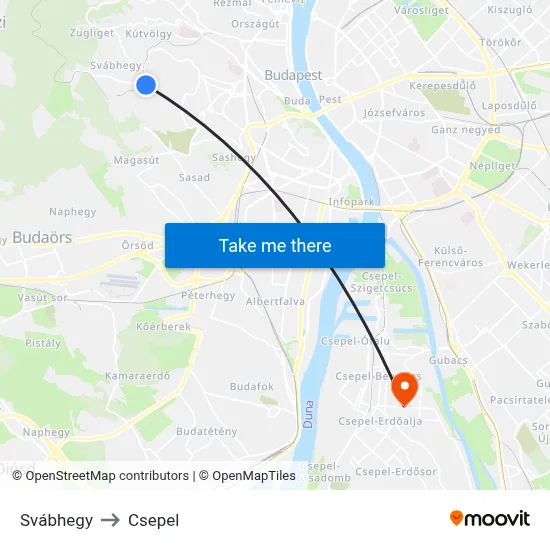 Svábhegy to Csepel map