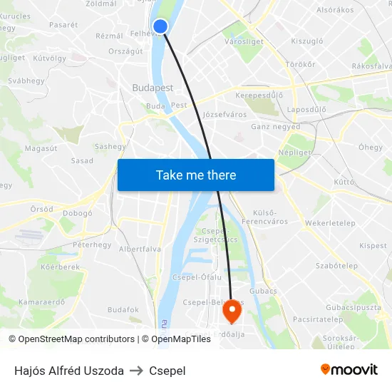 Hajós Alfréd Uszoda to Csepel map