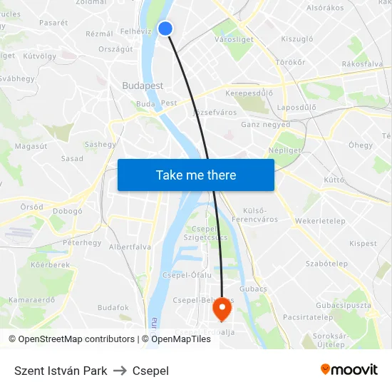Szent István Park to Csepel map