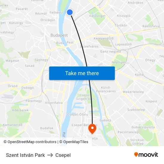 Szent István Park to Csepel map