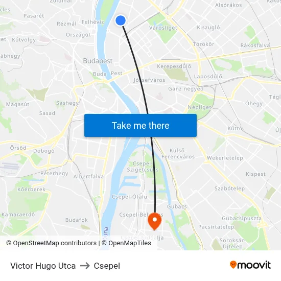 Victor Hugo Utca to Csepel map