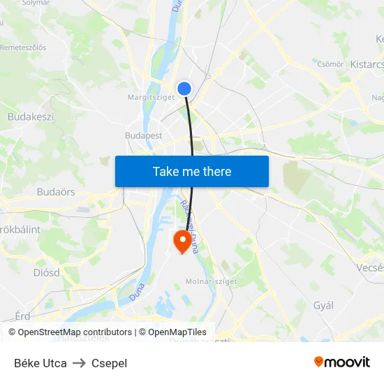 Béke Utca to Csepel map