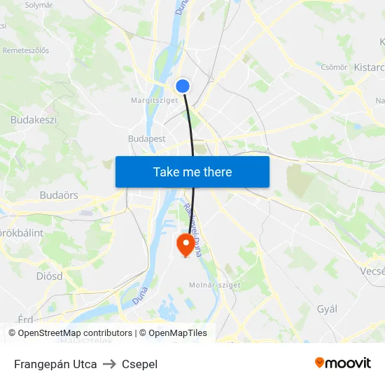 Frangepán Utca to Csepel map