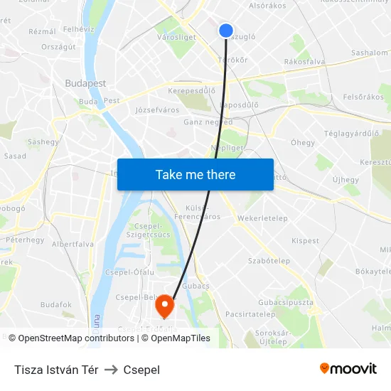 Tisza István Tér to Csepel map