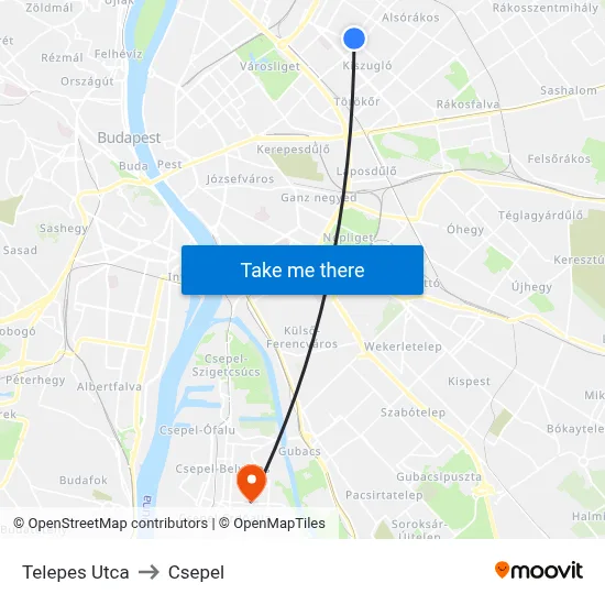 Telepes Utca to Csepel map