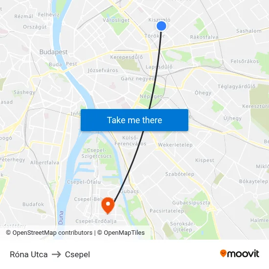 Róna Utca to Csepel map