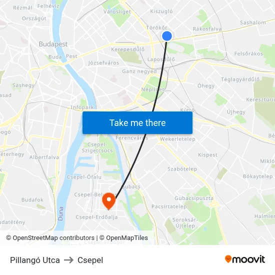 Pillangó Utca to Csepel map