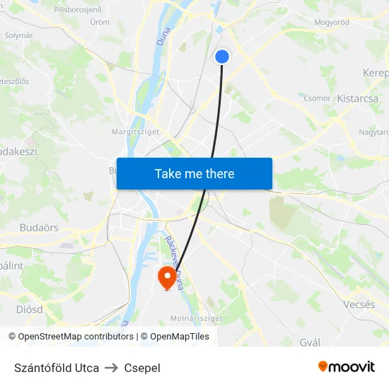 Szántóföld Utca to Csepel map