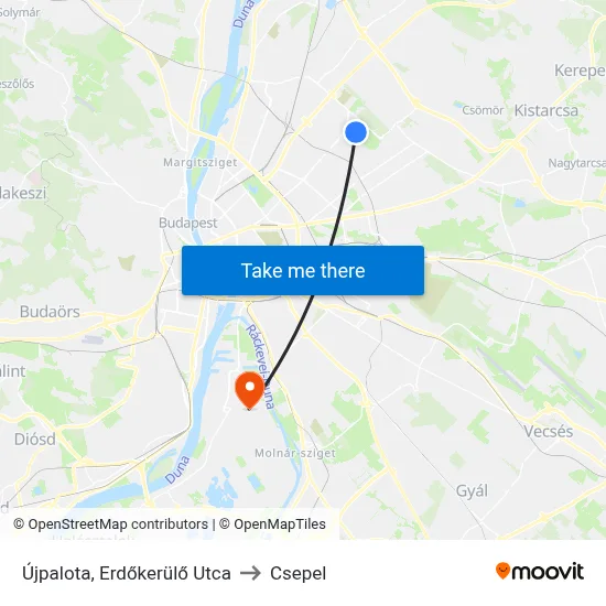 Újpalota, Erdőkerülő Utca to Csepel map
