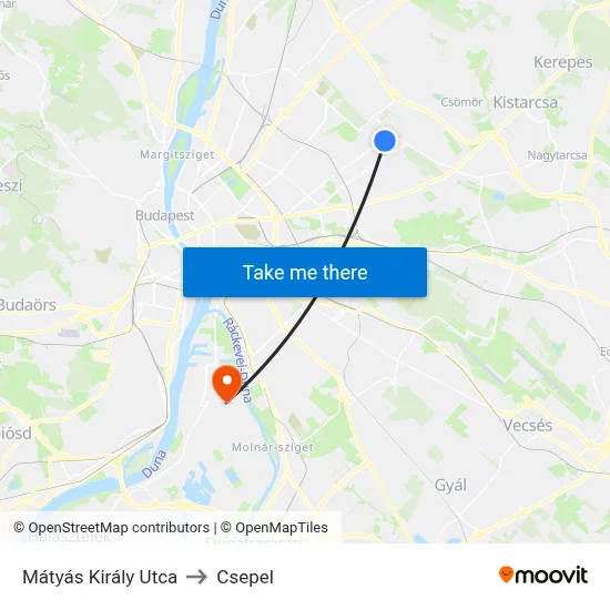 Mátyás Király Utca to Csepel map