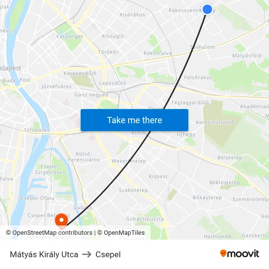 Mátyás Király Utca to Csepel map