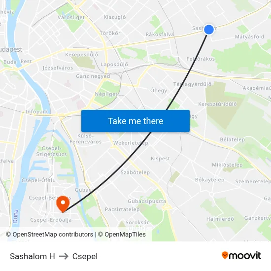 Sashalom H to Csepel map
